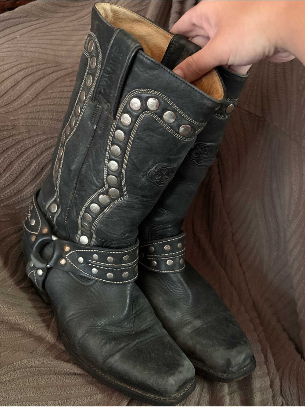 Black Leather Studded Harness Cowboy Boots sancho vintage